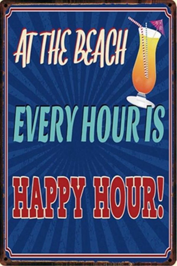 Metalen wandbord - Beach - Strand - Zee - Strandtent - Horeca - Happy Hour - Vintage - Retro - Muurplaat - Wanddecoratie - TH Commerce 8829