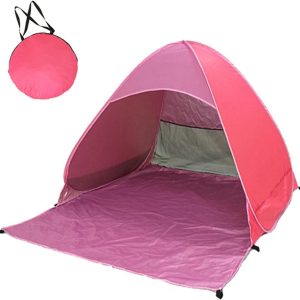 RAMBUX® - Pop Up Tent met Gordijnen - Roze - Strandtent - 2/3 Persoons - UV en Wind Werend - Festival Tent - Windscherm Speeltent - Schaduwdoek - 200 x 165 x 130 cm