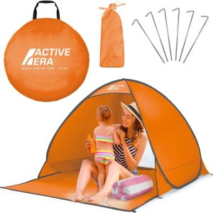 Pop-up strandtent met UV-bescherming, UPF 50+ strandtent, windbescherming strand, tent voor 2-3 personen inclusief draagtas en haringen - oranje