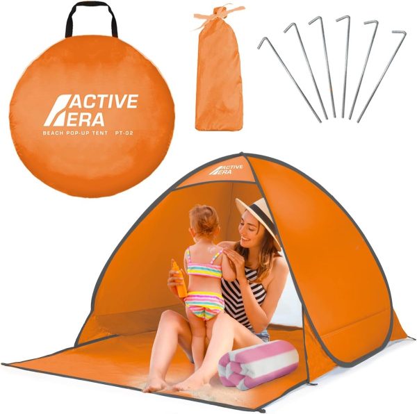 Pop-up strandtent met UV-bescherming, UPF 50+ strandtent, windbescherming strand, tent voor 2-3 personen inclusief draagtas en haringen - oranje