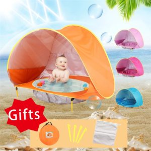 Baby Strandtent - Zonbescherming voor Baby - Afkoeling - Kleur: Oranje - Zon Bescherming Strand - Mini Zwembad met Zonbescherming - Baby Zwembad inclusief Zonnekap - Strandtentje voor Baby - UV Bescherming - Newborn - Compact & Gebruiksvriendelijk